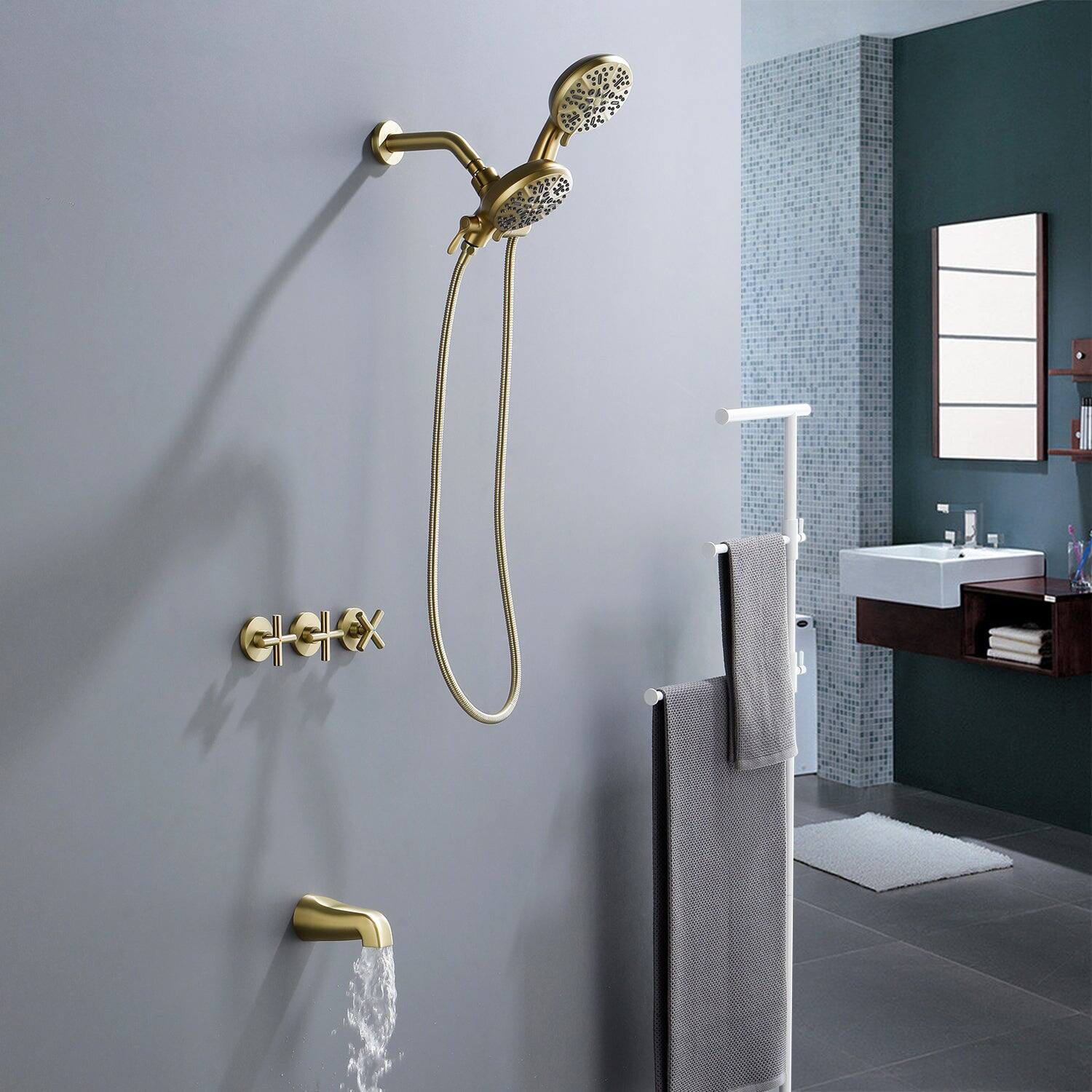 Alt View 4. Boyel Living - Brushed Gold Shower Set with Three Handle Control and Seven Function Dual Shower Heads - Brushed Gold.