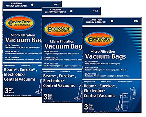 A MUST FOR ALLERGY SUFFERERS!!  
4462  

EnviroCore TECHNOLOGIES  
Micro Filtration Vacuum Bag  
99.7% Filtration Traps Microscopic Particles and Allergens  

Beam*, Eureka*, Electrolux* Central Vacuums  
3 Bags  

Designed for: Beam*, Eureka*, Electrolux* Central Vacuums