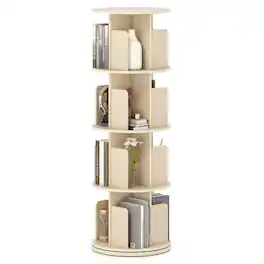 Pefilos - 4-Tier Rotating Bookshelf - 360° Display Anti-Fall, Dividers Stable Structure, Natural - Brown