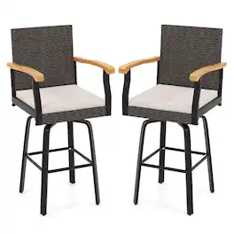 Gymax - 2PCS 29'' Outdoor 360-Degree Swivel Bar Stool w/Cushion Acacia Wood Armrests Footrest Mix Off White - Brown