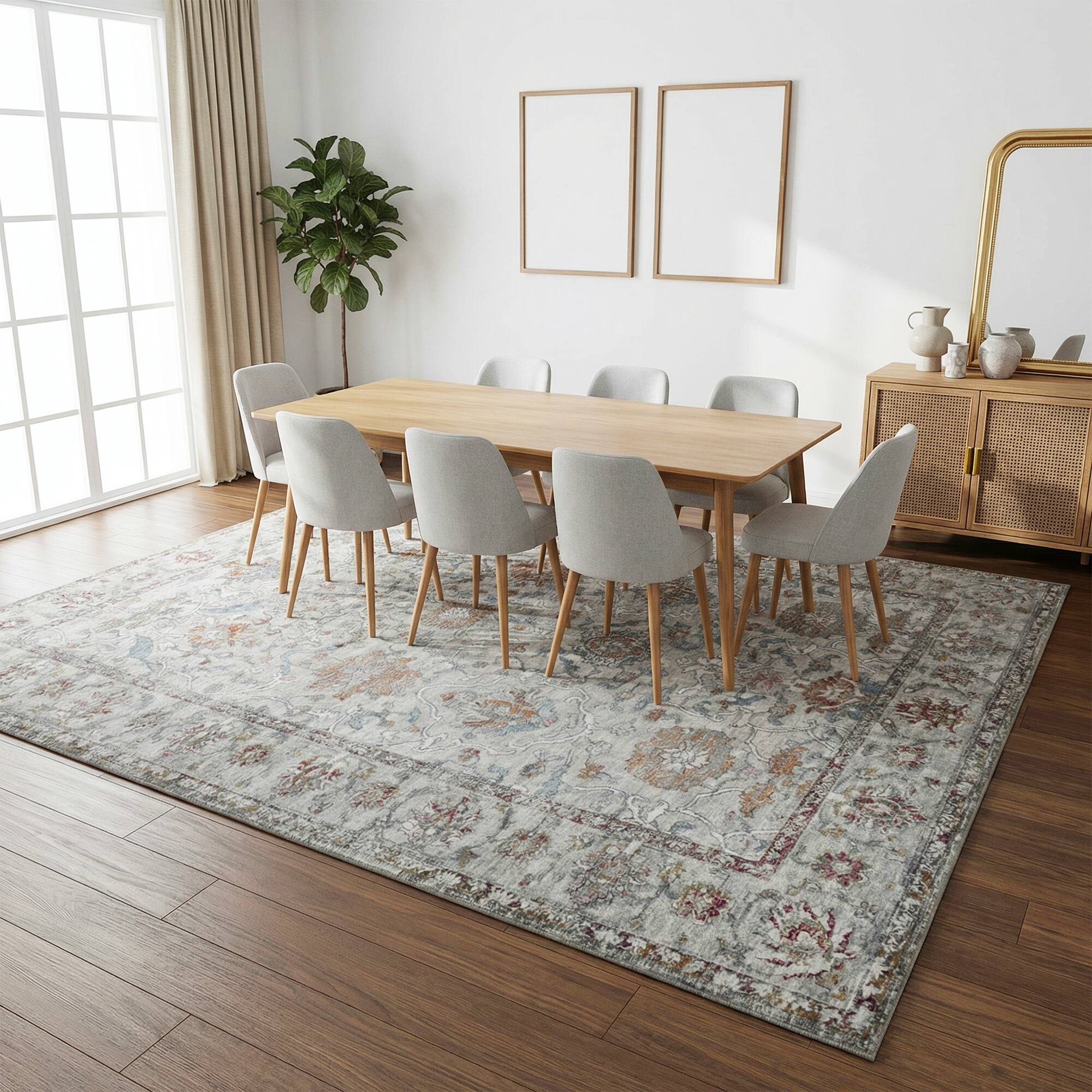 Left. RYHNUYNE - 8x10 Neutral Floral Rugs, Vintage Style Washable Area Rug, Non Slip Soft Low Pile Rug for Living Room Farmhouse Nursery - gray.