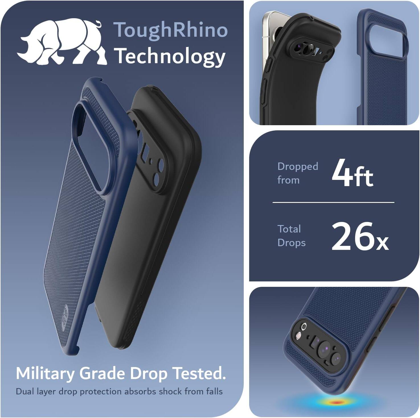 ToughRhino Technology

Dropped from 4ft

Total Drops 26x

Military Grade Drop Tested.
Dual layer drop protection absorbs shock from falls