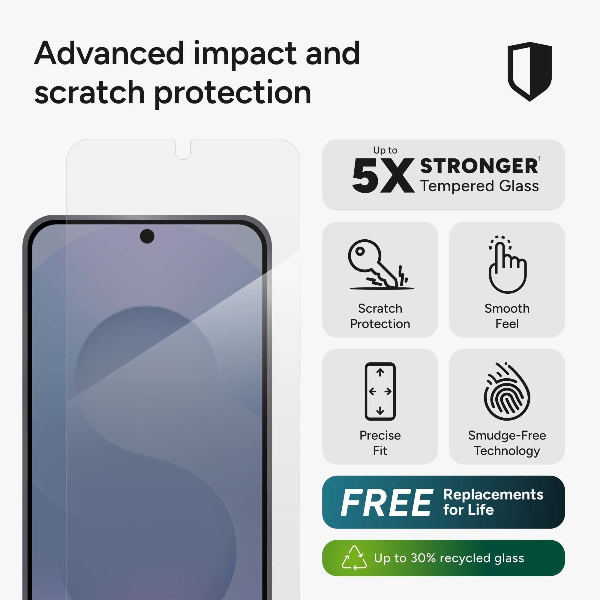 Advanced impact and scratch protection

- Up to 5X Stronger Tempered Glass
- Scratch Protection
- Smooth Feel
- Precise Fit
- Smudge-Free Technology
- Free Replacements for Life
- Up to 30% recycled glass