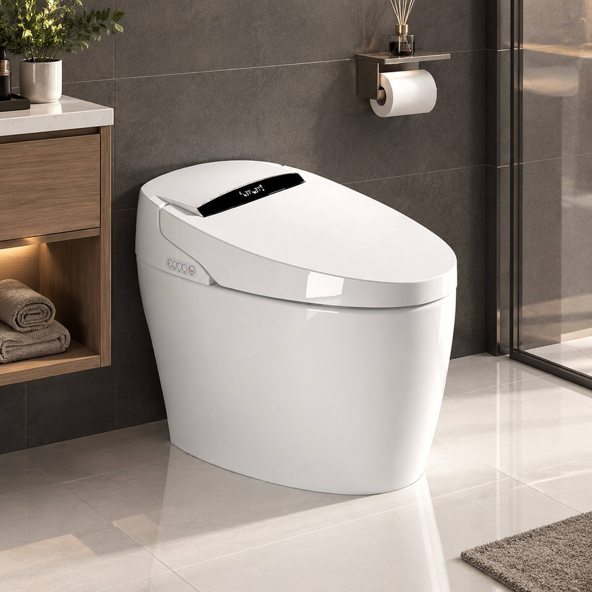 Back. RYHNUYNE - Smart Toilet With Heated Bidet Seat, Auto Open Close Warm Water Dryer Sanitary Fixture For Home Bathroom Daily Use - White.