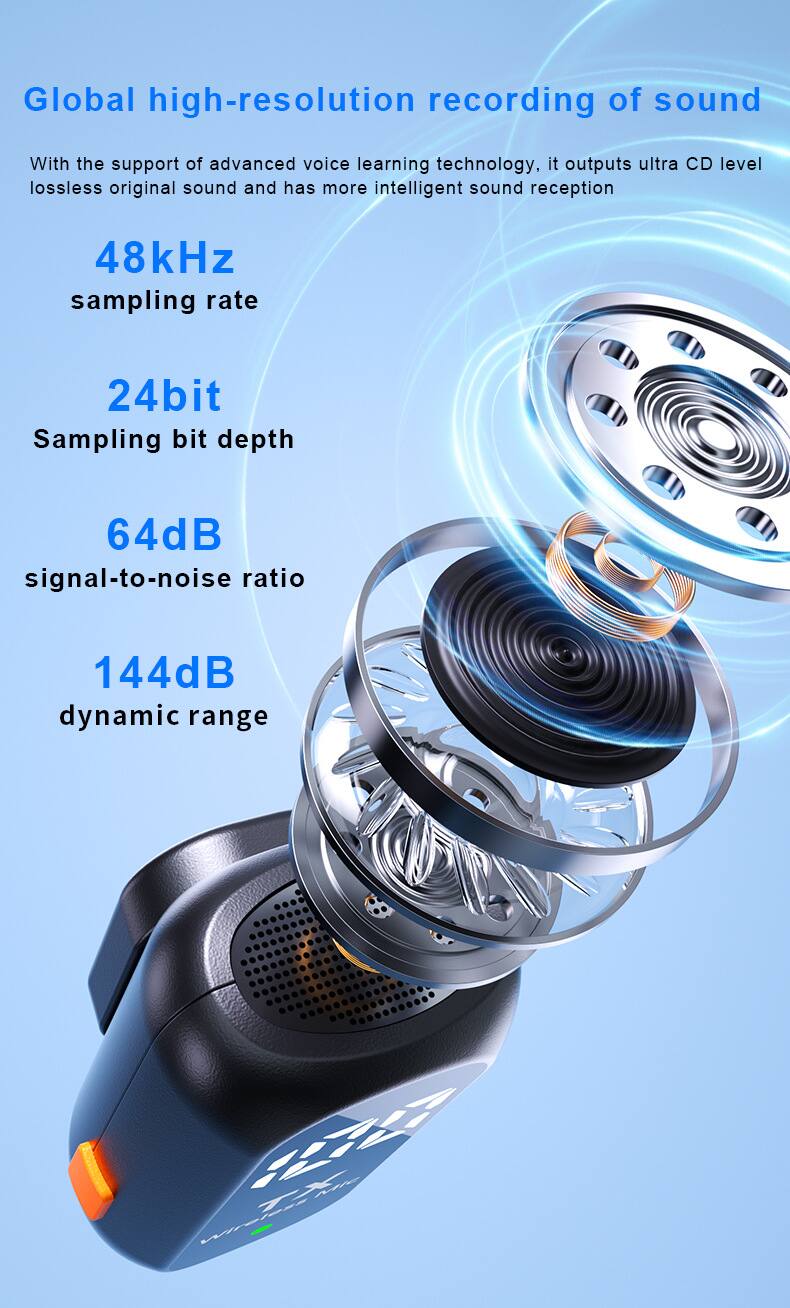 Global high-resolution recording of sound

With the support of advanced voice learning technology, it outputs ultra CD level lossless original sound and has more intelligent sound reception.

- 48kHz sampling rate
- 24bit sampling bit depth
- 64dB signal-to-noise ratio
- 144dB dynamic range