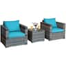 Costway - 3 PC Patio Rattan Furniture Bistro Set Cushioned Sofa Chair - Turquoise