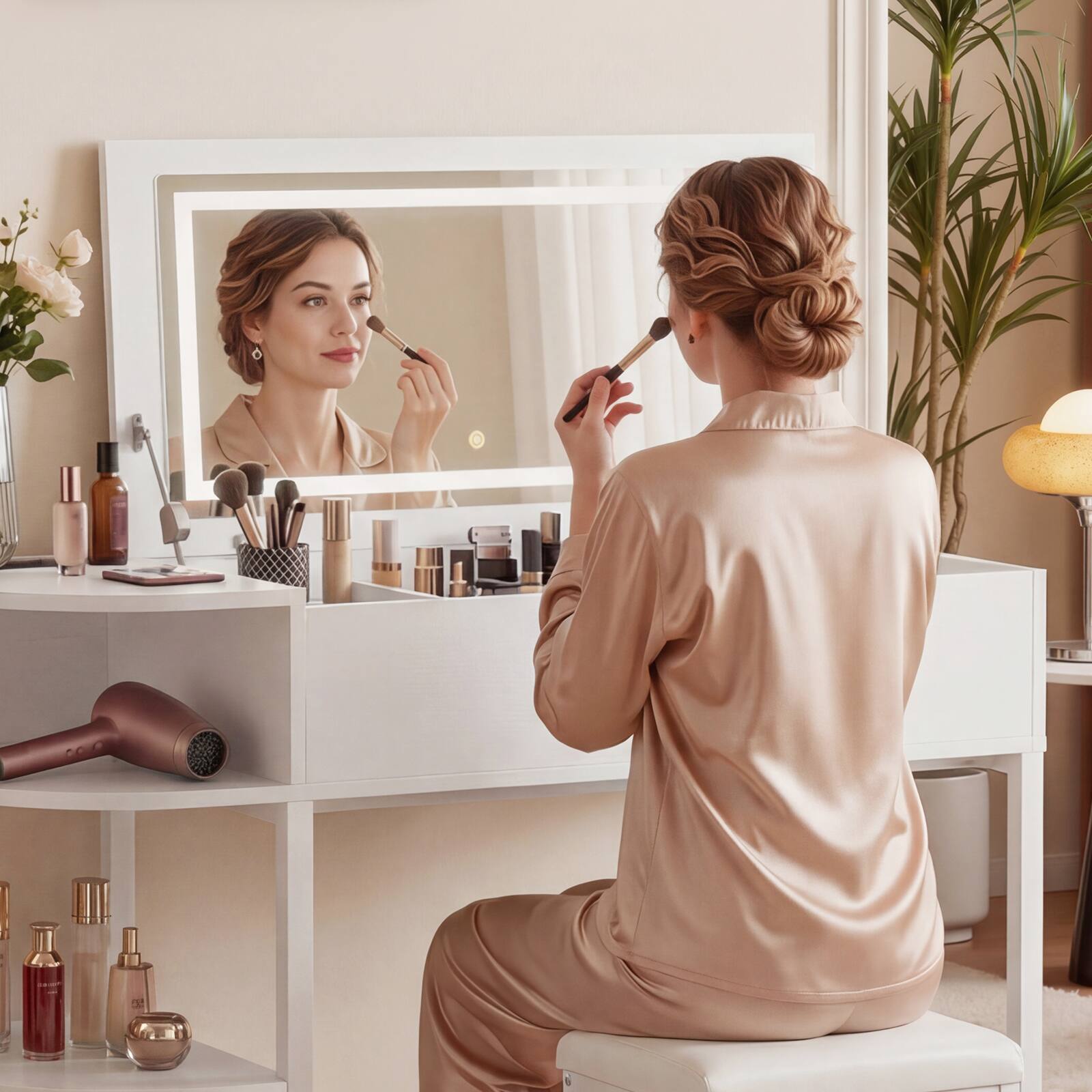 Alt View 2. Aheaplus - 2-in-1 Makeup Vanity Desk with Flip Top Mirror and Lights - White.