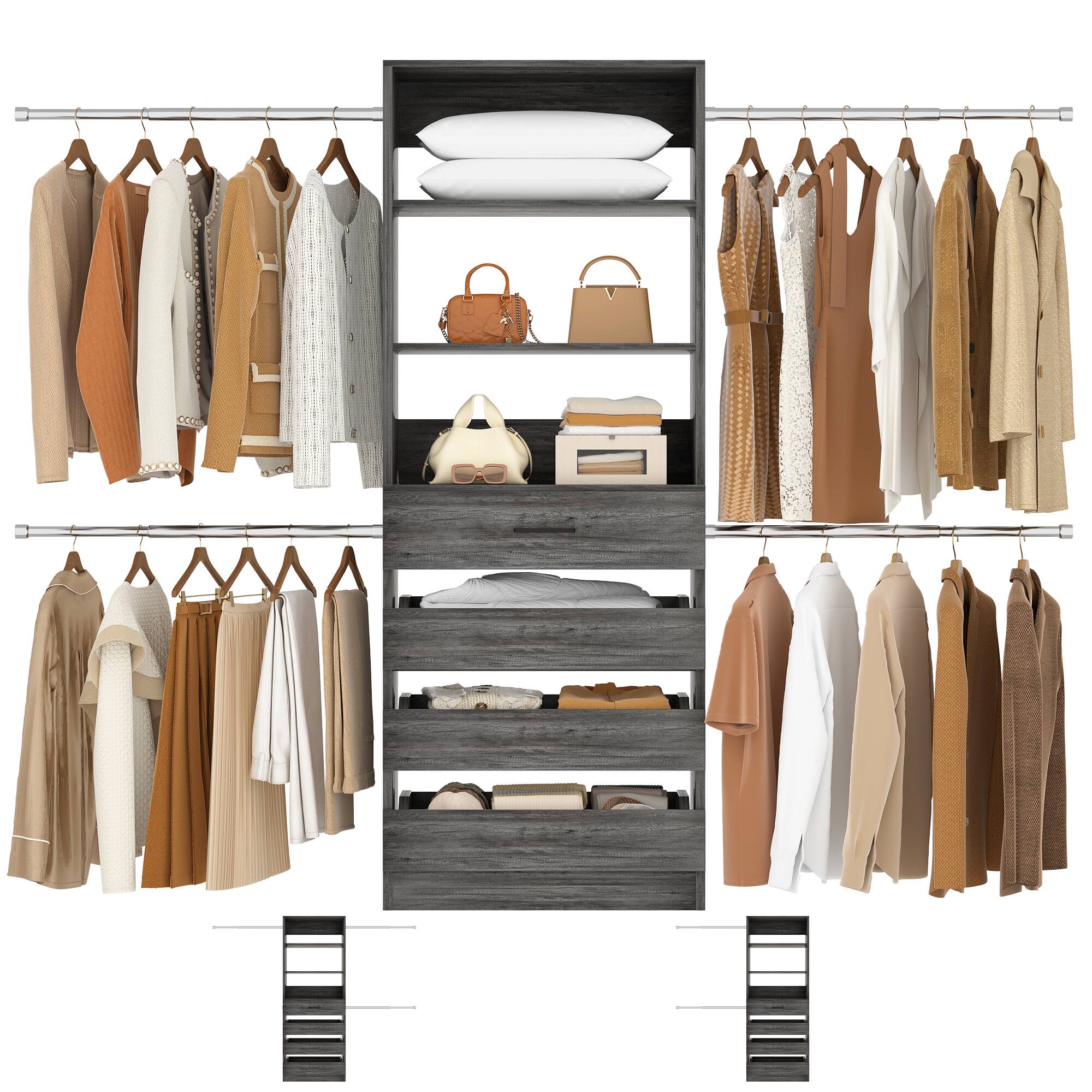 Left. Aheaplus - 4-9FT Adjustable Wooden Closet Organizer, 4 Drawers & 4 Hanging Rods, Heavy Duty Walk-in Wardrobe System - Gray Oak.