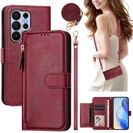 Dteck - Wallet Case for Samsung Galaxy S26 Ultra, PU Leather Zipper Purse Credit Card Slots Flip Folio Cover with Straps - Winered