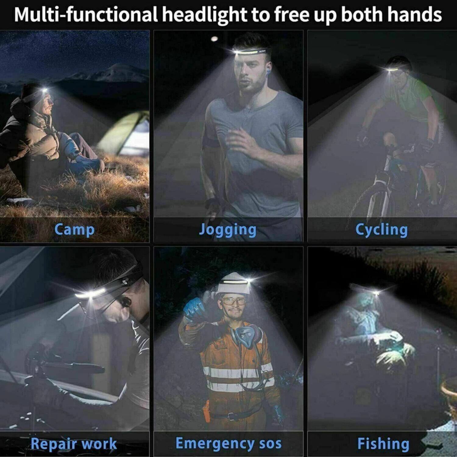 Multi-functional headlight to free up both hands

- Camp
- Jogging
- Cycling
- Repair work
- Emergency sos
- Fishing