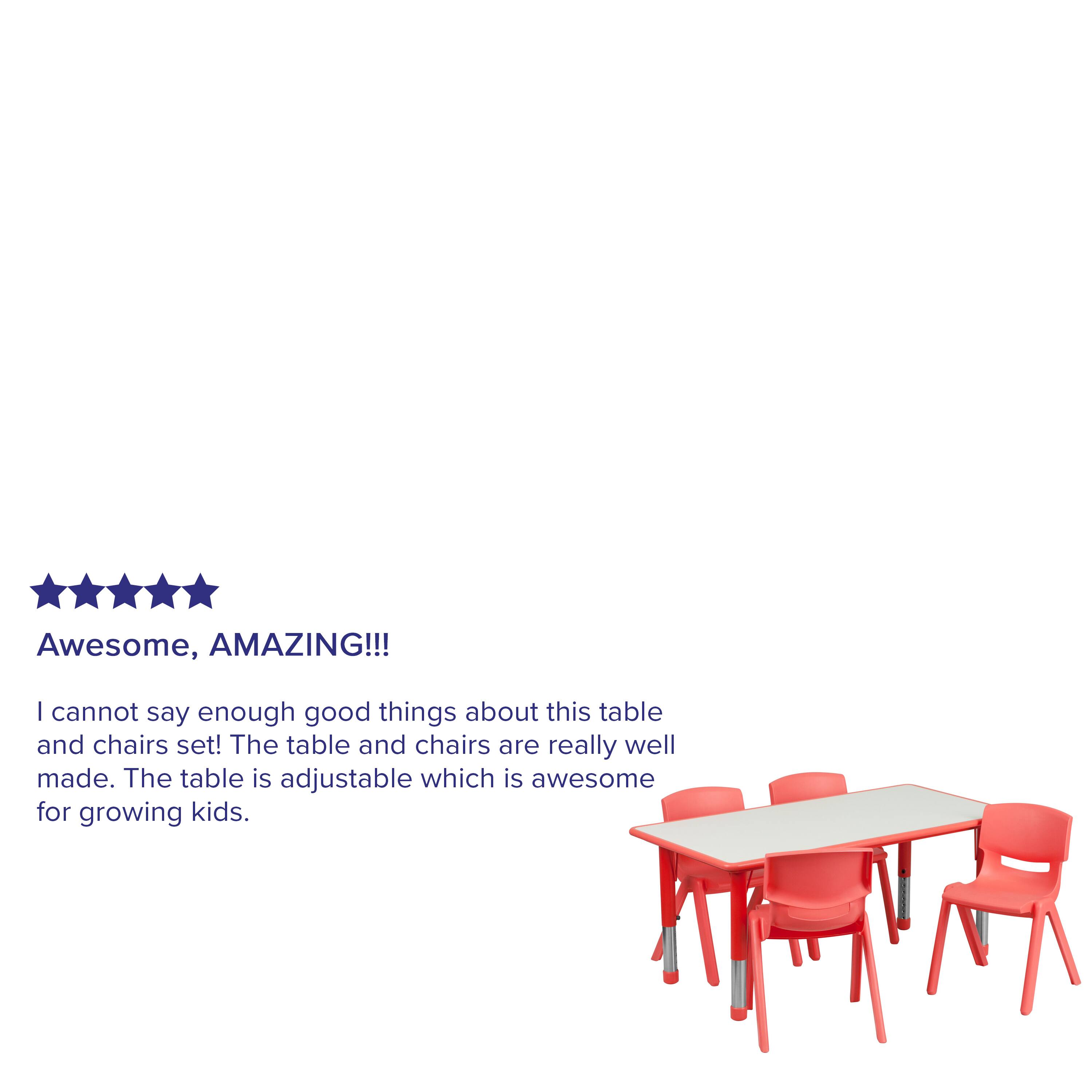 Awesome, AMAZING!!!  
I cannot say enough good things about this table and chairs set! The table and chairs are really well made. The table is adjustable which is awesome for growing kids.