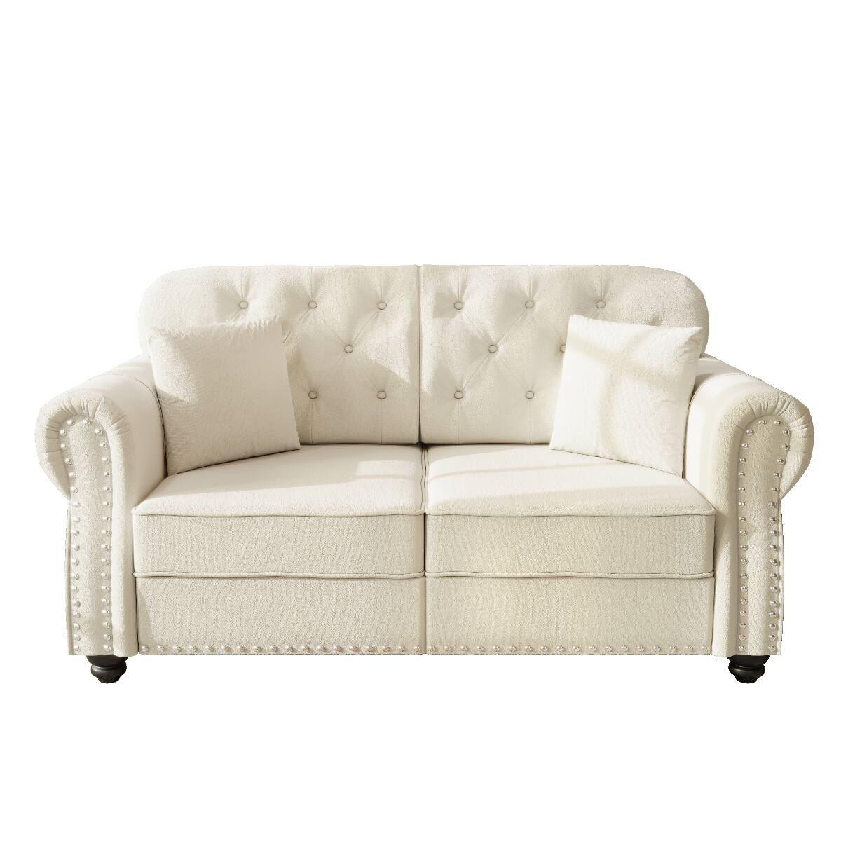 Alt View 10. Ropilly - Ropilly 63 Inch Velvet Loveseat Sofa Button Tufted Chesterfield Style with Rolled Arms Nailhead Trim and 2 Pillows - Beige White.