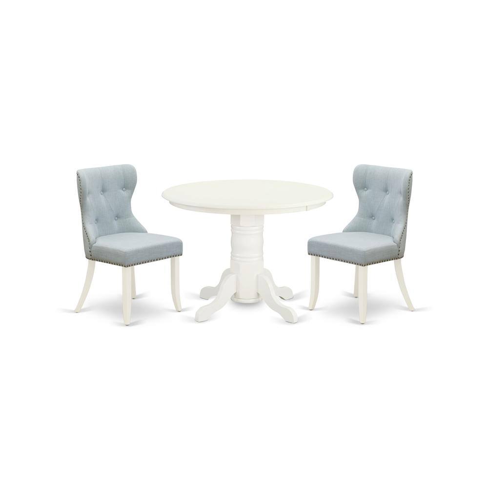 Left. East West Furniture - East-West Furniture SHSI3-WHI-15 - A dining room table set of 2 amazing kitchen chairs with Linen Fabric Baby Blue - Linen White.