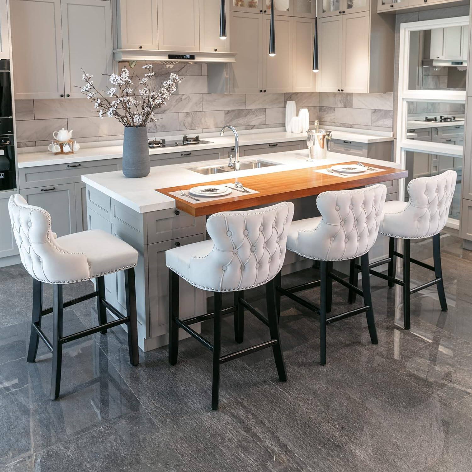 Alt View 6. Trinkets Crazed - Contemporary Velvet Upholstered Wing-Back Barstools with Button Tufted Decoration and Wooden Legs - beige.