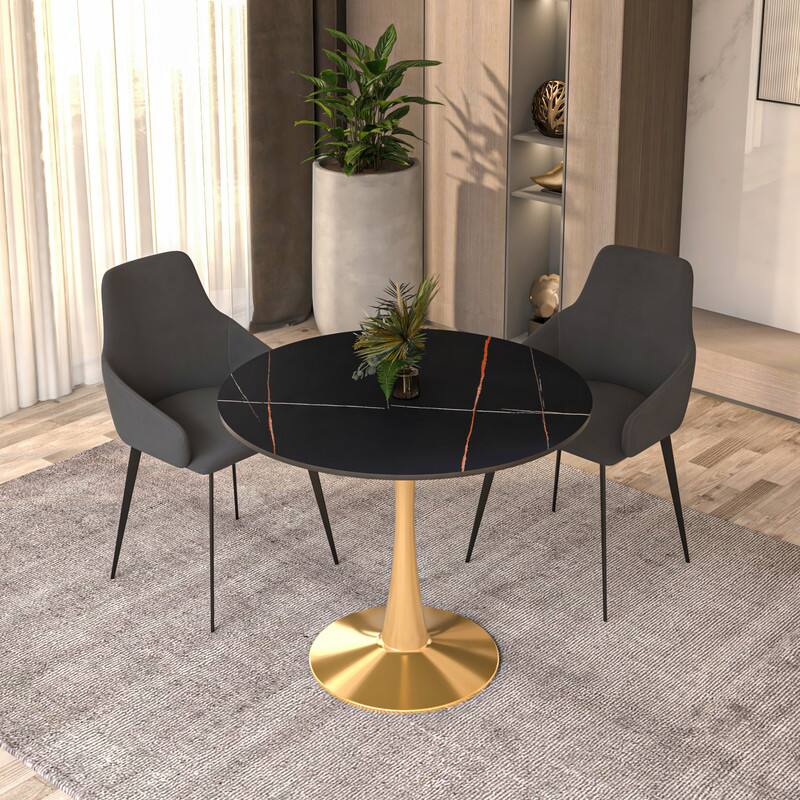 Angle. LeisureMod - Bristol Modern 35" Round Dining Table MDF/Sintered Stone Top - Pedestal Base for Kitchen, Cafe, and Restaurant - Stone - Black.