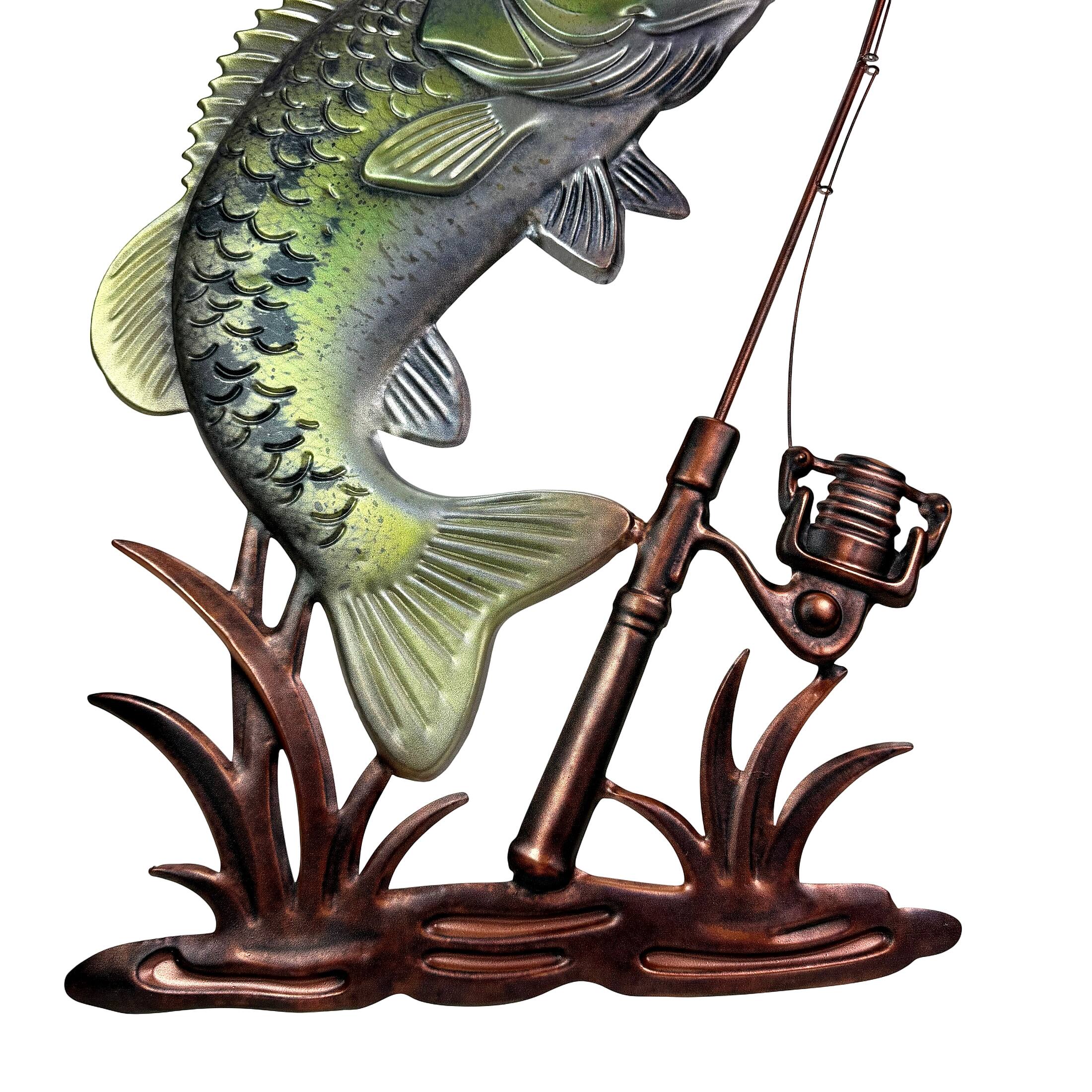 Alt View 1. Things2Die4 - Fish Wall Sculpture Largemouth Bass Fishing Rod Metal 39.5 Inch Tall - Green.
