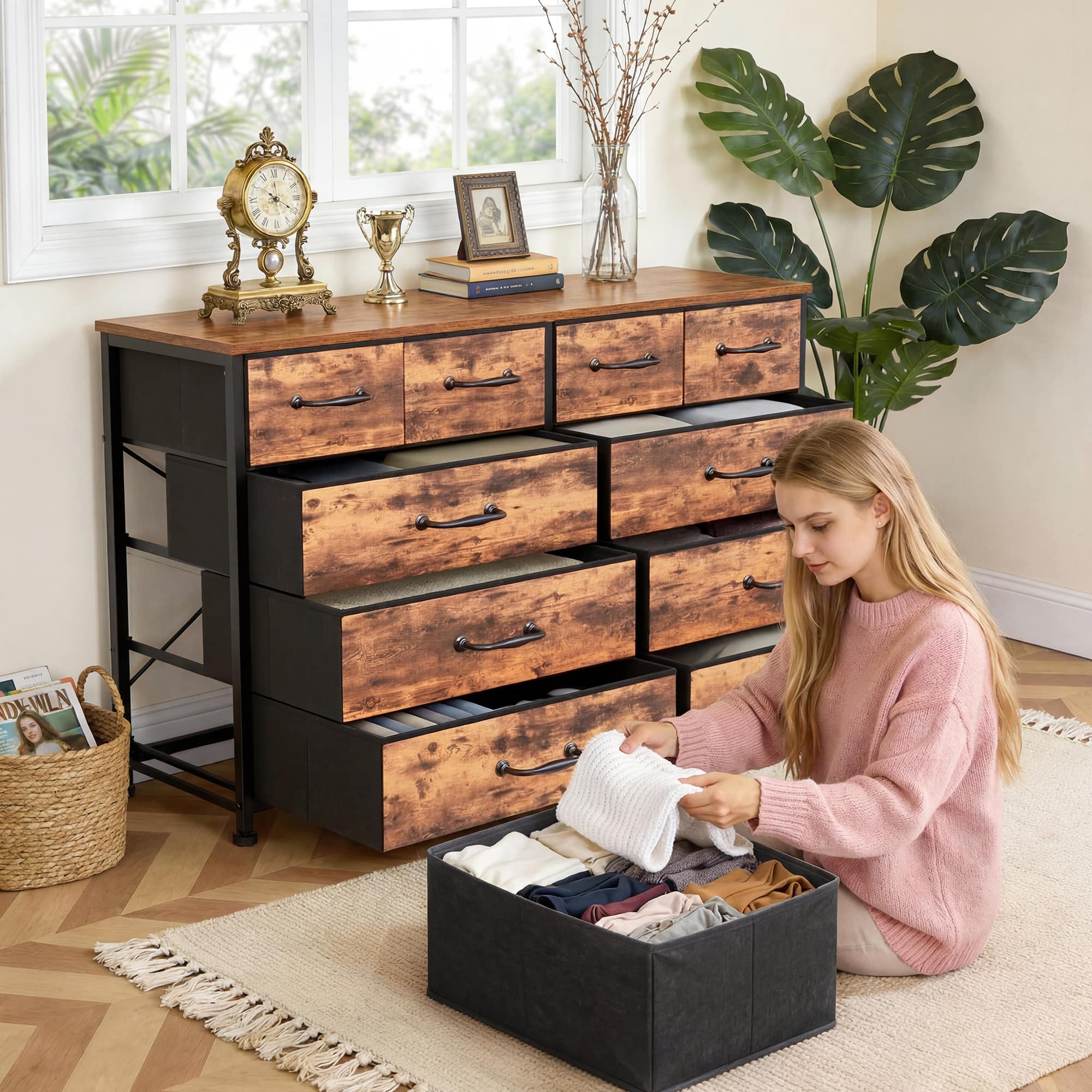 Front. Furologee - Fabric Storage Dresser with 10 Drawers for Bedroom Modern Wide Chest for Living Room - Brown.