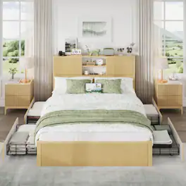 LUCKY ONE - Queen Size Bed Frame with 4 Storage Drawers, 2-Tier Storage Headboard, USB Charging, Metal Slats, No Box Spring Needed - Oak