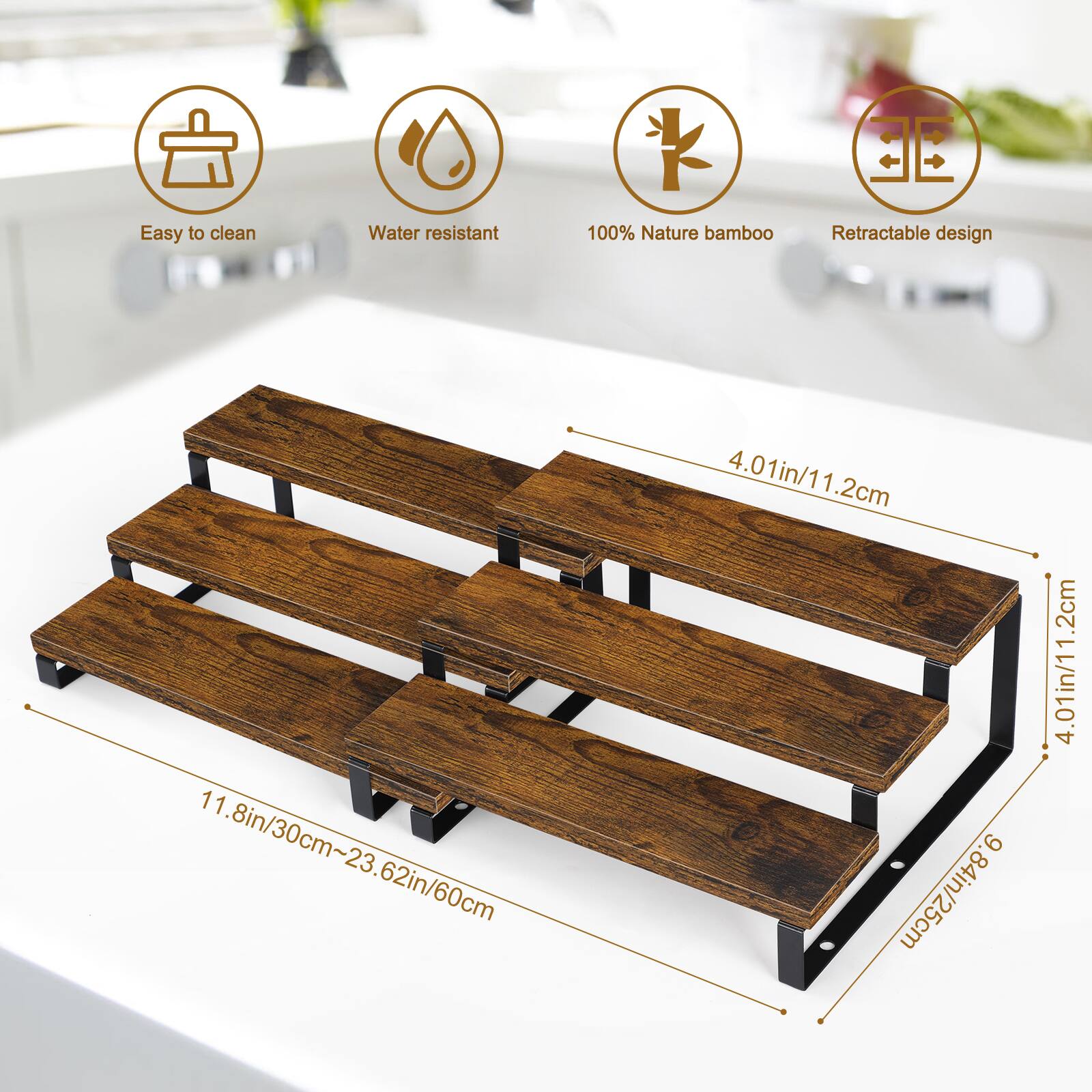 Easy to clean  
Water resistant  
100% Nature bamboo  
Retractable design  

4.01in/11.2cm  
11.8in/30cm~23.62in/60cm  
6.84in/25cm