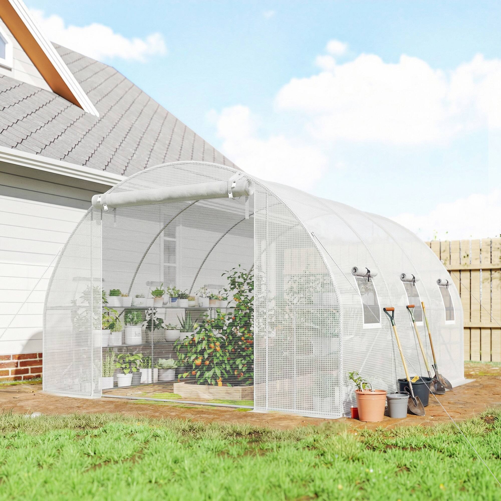 Alt View 1. Outsunny - Walk-in Tunnel Greenhouse with Shelves, Mesh Door and Windows - White.