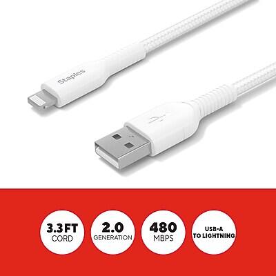 Staples  
3.3FT CORD  
2.0 GENERATION  
480 MBPS  
USB-A TO LIGHTNING