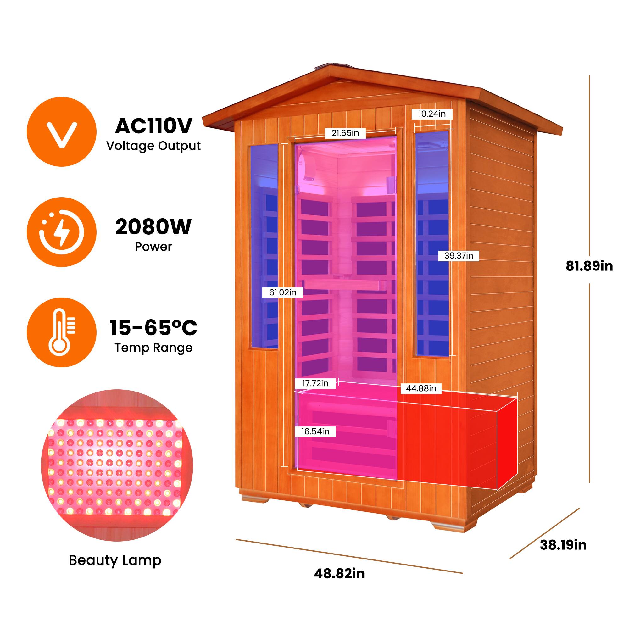 - AC110V Voltage Output
- 2080W Power
- 15-65°C Temp Range
- Beauty Lamp

Dimensions:
- 81.89in (height)
- 48.82in (width)
- 38.19in (depth)
- 21.65in (front height)
- 10.24in (front width)
- 39.37in (interior height)
- 44.88in (interior width)
- 17.72in (interior depth)
- 16.54in (interior depth)
- 61.02in (interior height)