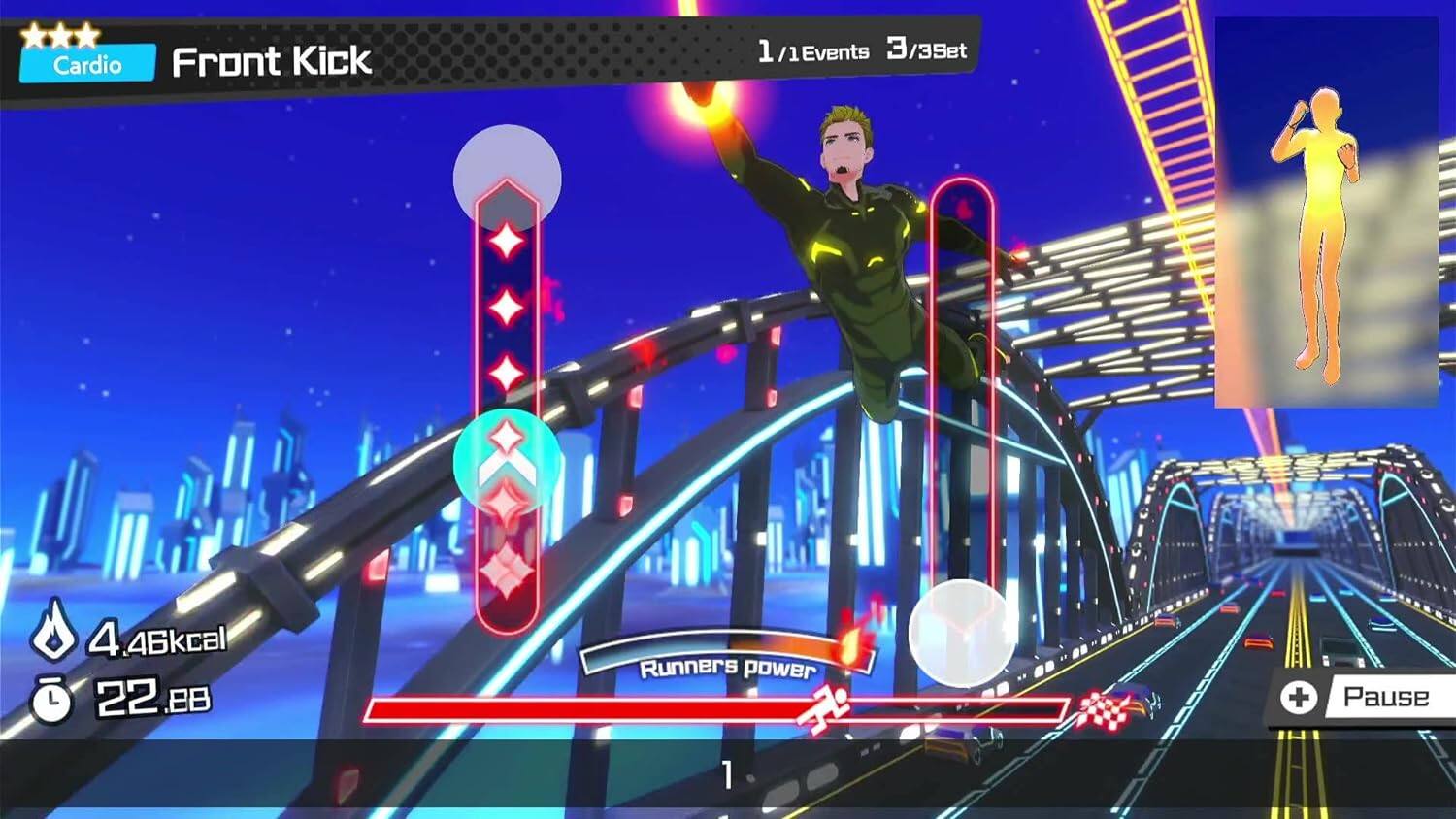 Cardio Front Kick  
1/1 Events 3/3 Set  
4.46 kcal  
22.88  
Runners power 1  
Pause