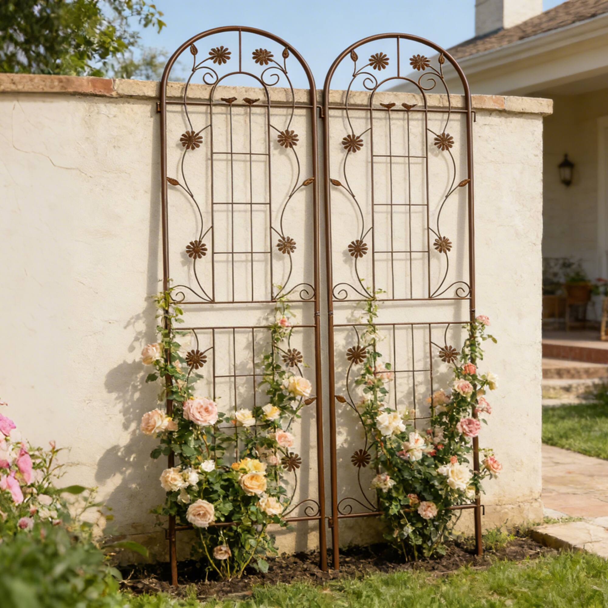 Angle. Loheer - 2 Pack Rustproof Metal Garden Trellis 7.2 ft x 1.6 ft for Climbing Plants Outdoor - Brown.
