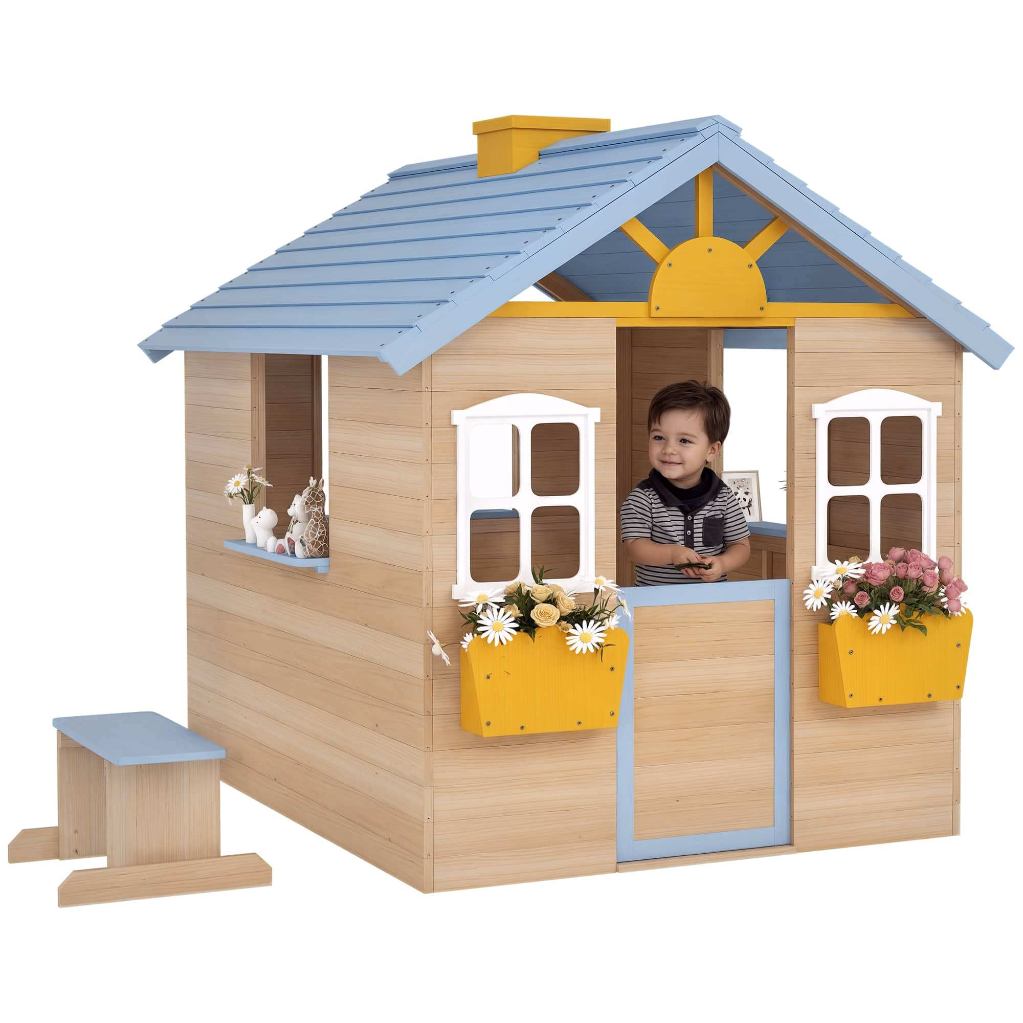Outsunny - Wooden Playhouse for Kids Outdoor Garden Pretend Play Games, Adventures Cottage, with Working Door, Windows, Bench