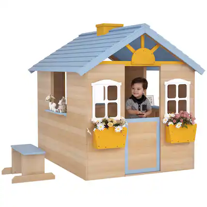 Front. Outsunny - Wooden Playhouse for Kids Outdoor Garden Pretend Play Games, Adventures Cottage, with Working Door, Windows, Bench.