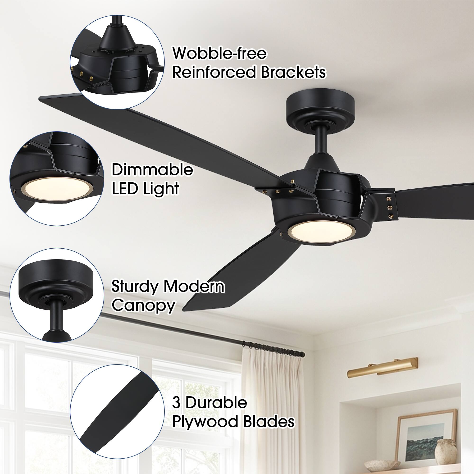 Wobble-free Reinforced Brackets  
Dimmable LED Light  
Sturdy Modern Canopy  
3 Durable Plywood Blades