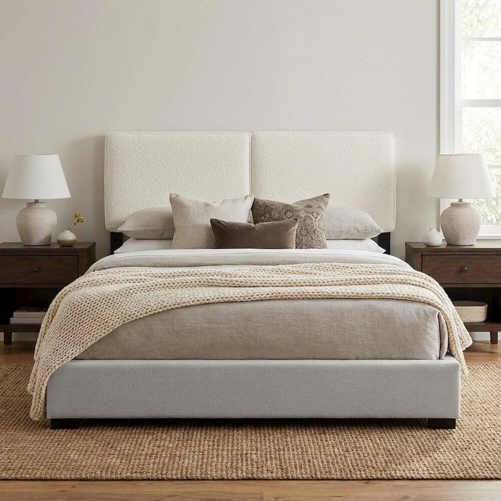 Left. FurniFact - Boucle Fabric King Headboard in Soft Neutral, Sturdy Frame, Elegant Design - Beige.