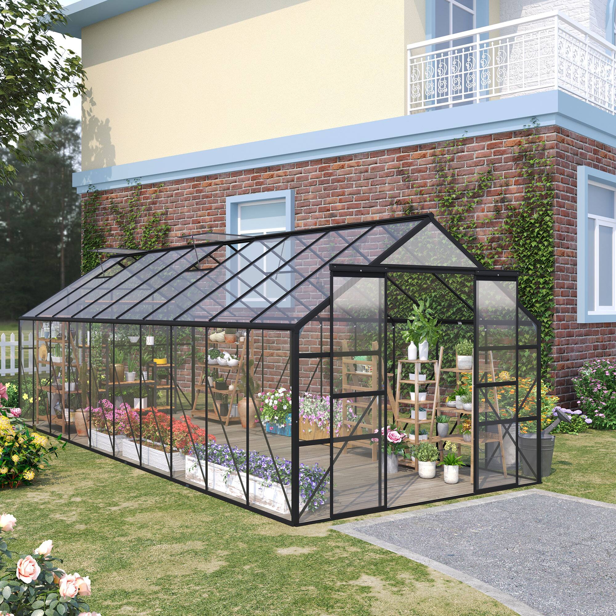 Alt View 1. Outsunny - 20' x 8' Polycarbonate Greenhouse with Aluminum Frame, Walk-in Garden Greenhouse Kit with Adjustable Roof Vent.