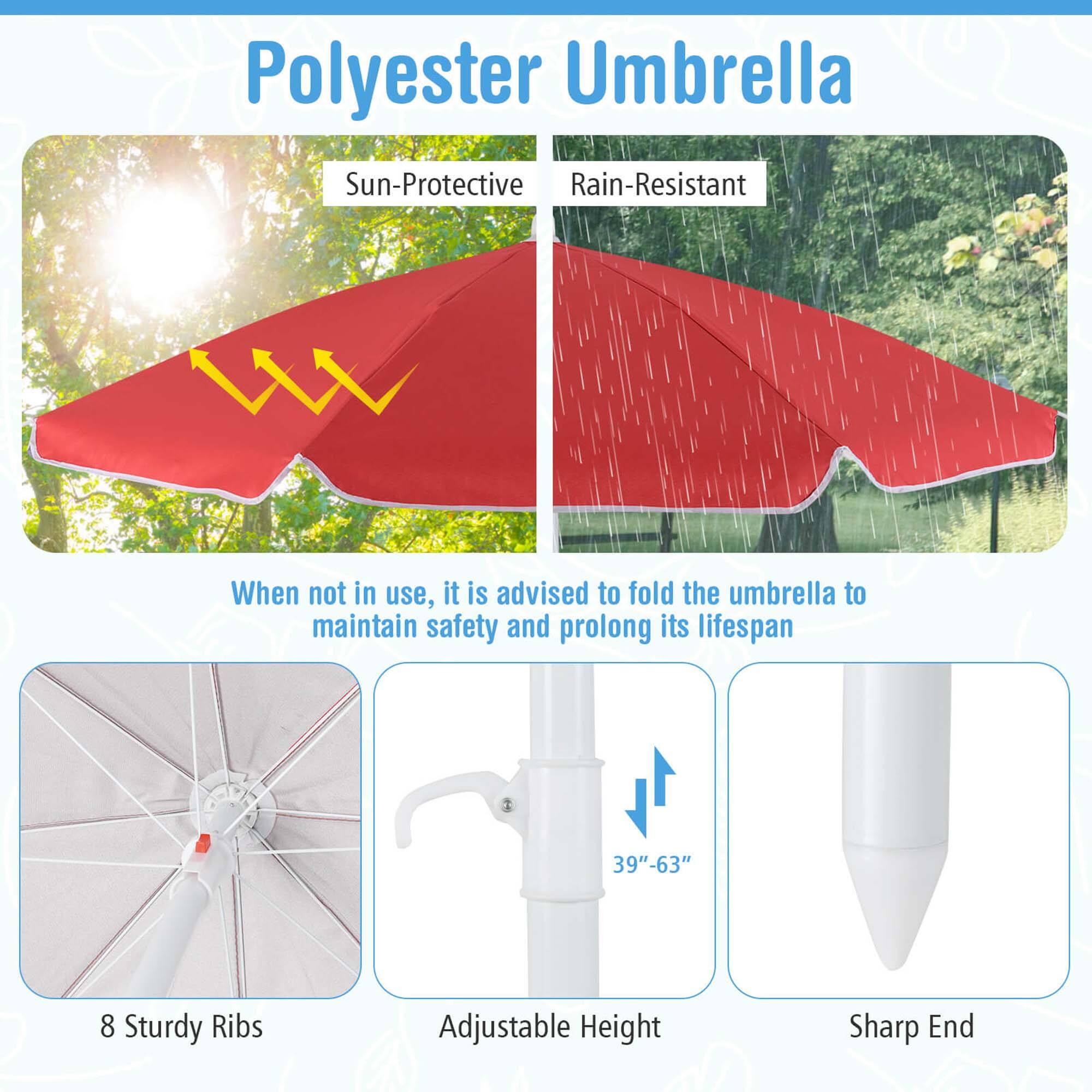 Polyester Umbrella

- Sun-Protective
- Rain-Resistant

When not in use, it is advised to fold the umbrella to maintain safety and prolong its lifespan

- 8 Sturdy Ribs
- Adjustable Height
- 39"-63"
- Sharp End