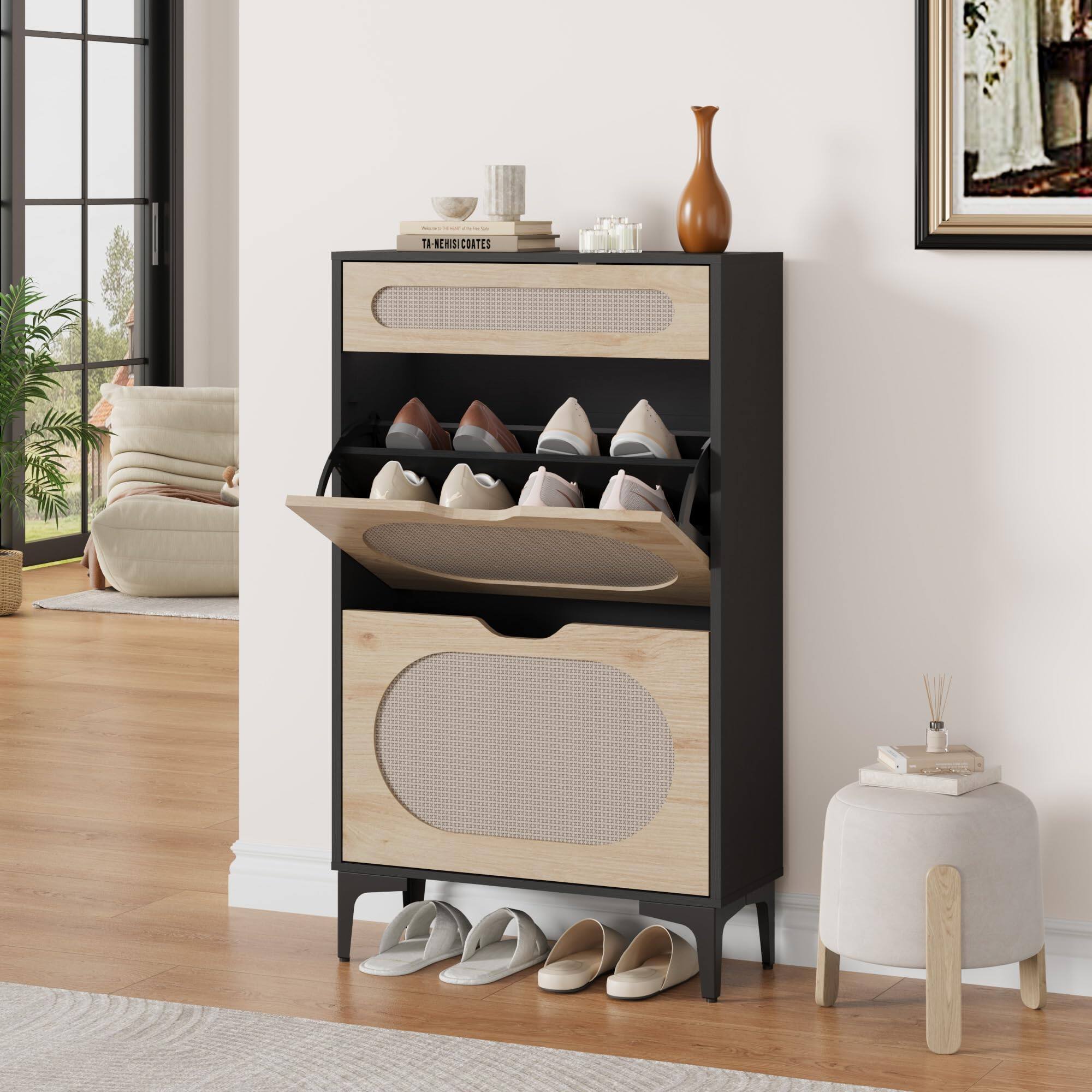 Back. Babevy - Shoe Cabinet, Rattan Shoe Storage With 2 Flip Drawer and 1 Pull-Out Drawer, Heavy Duty Metal Leg, Adjustment Shelf - Black.