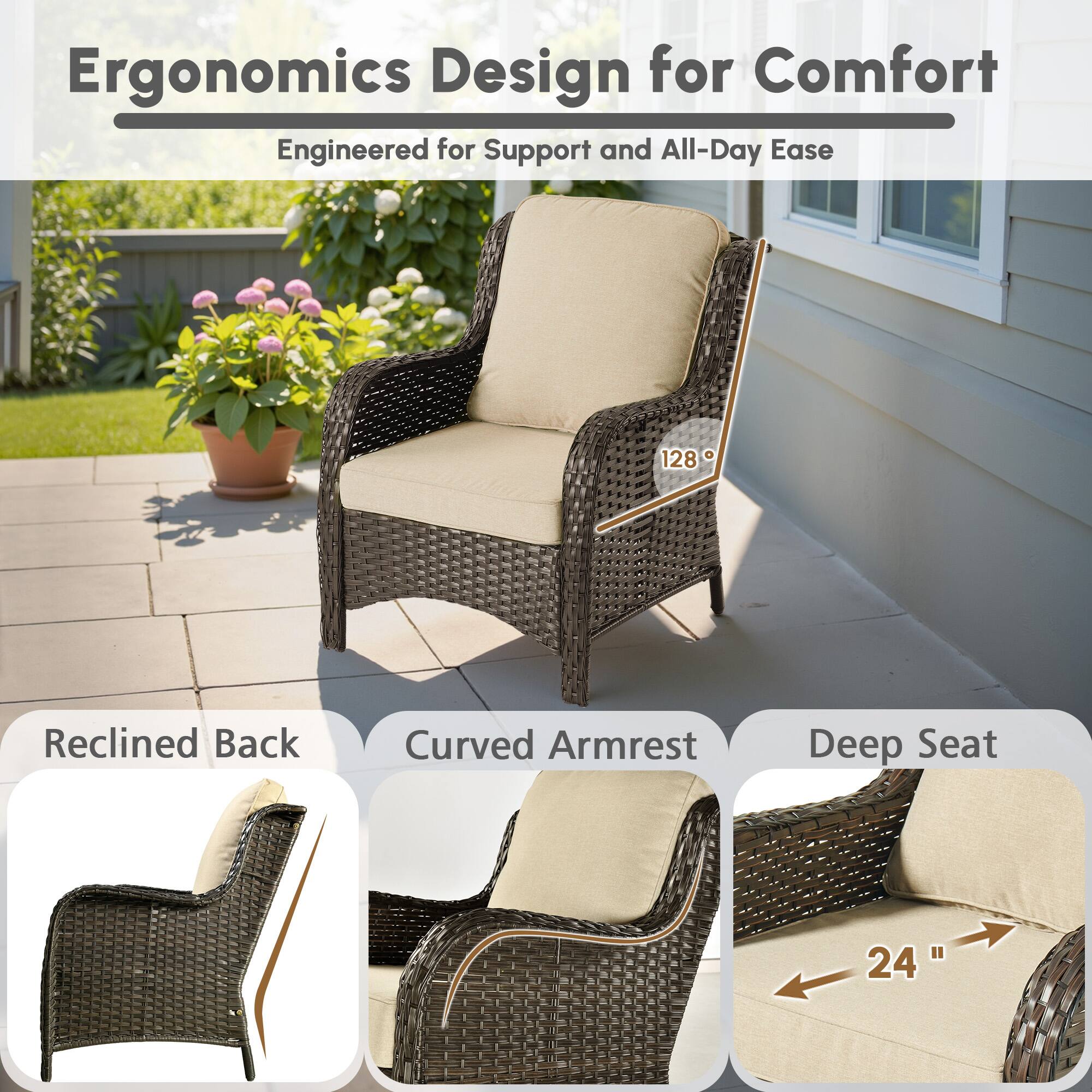 Ergonomics Design for Comfort  
Engineered for Support and All-Day Ease  

128° Reclined Back  
Curved Armrest  
Deep Seat 24"