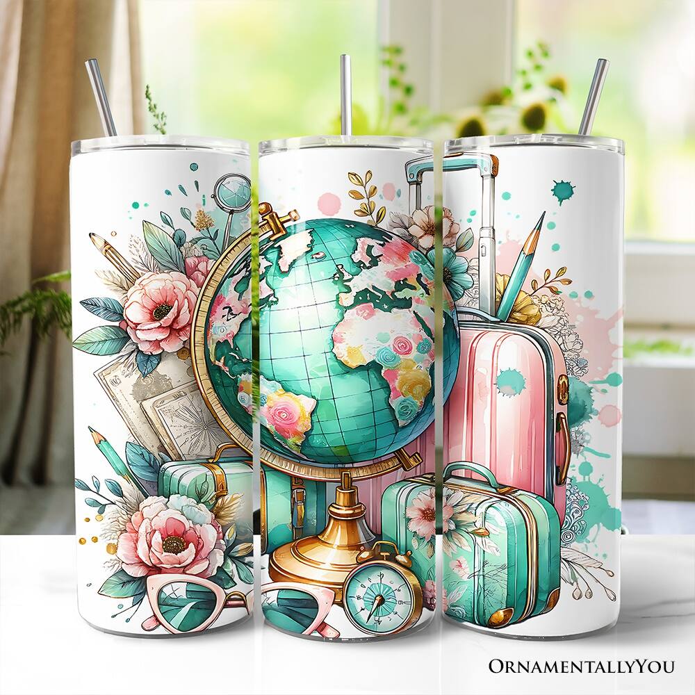 Left. OrnamentallyYou - Pink and Teal Wanderlust Girl Floral Traveler 20oz Tumbler With Lid and Stainless Steel Straw - Multicolored.
