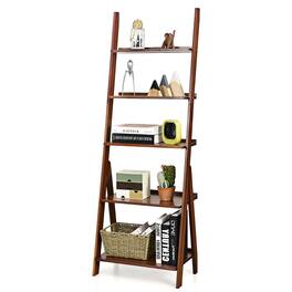 Costway - 5-Tier Bamboo Ladder Shelf Bookshelf Display Storage Rack Flower Stand - Coffee