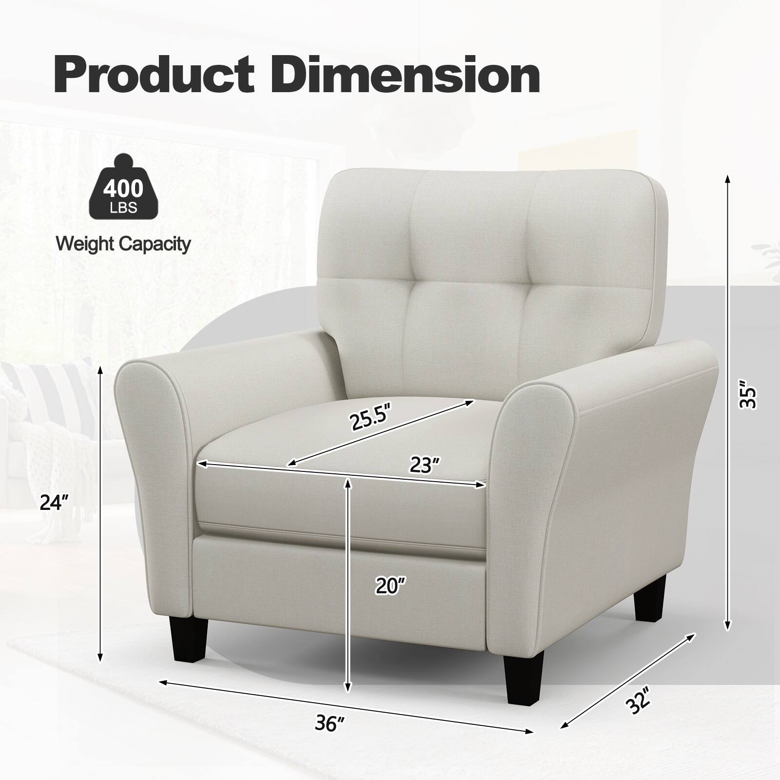 Product Dimension: 25.5" 23" 35" 24" 20" 36" 32"

Weight Capacity: 400 LBS