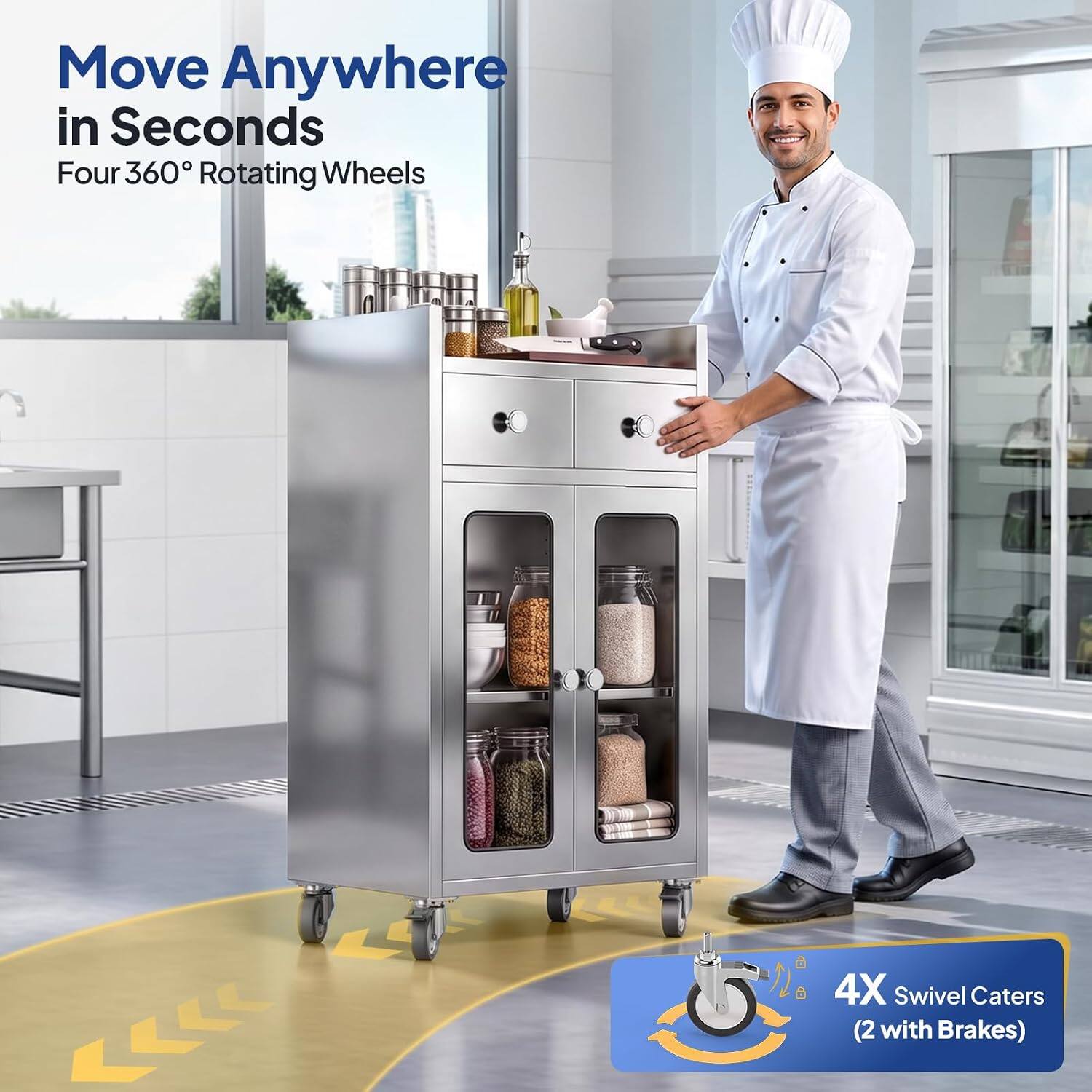 Move Anywhere in Seconds  
Four 360° Rotating Wheels  
4X Swivel Caterers (2 with Brakes)