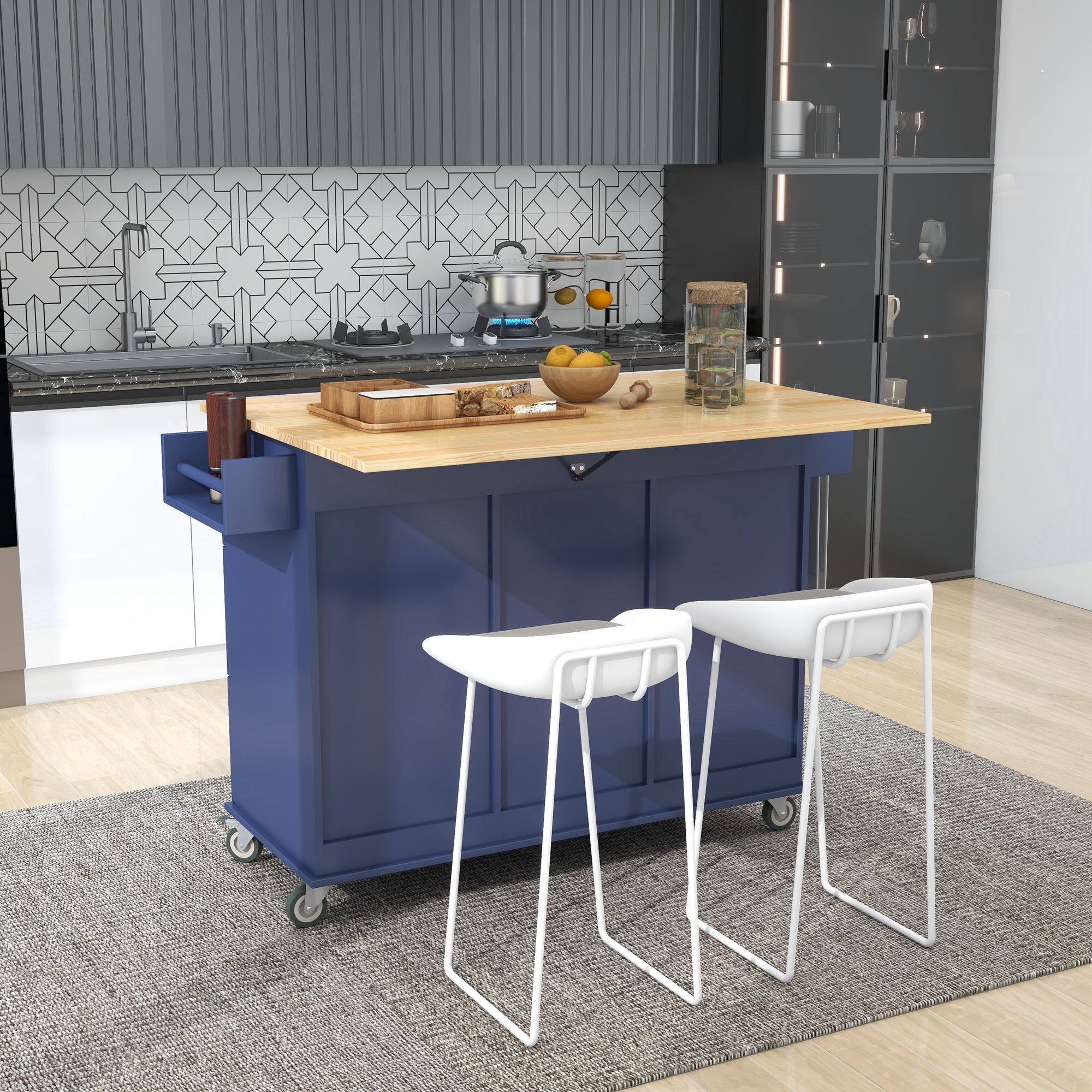 Left. Mirfee - 52.7" Mobile Kitchen Island with Solid Wood Top, Locking Wheels, Drop Leaf, Spice Rack - Blue.