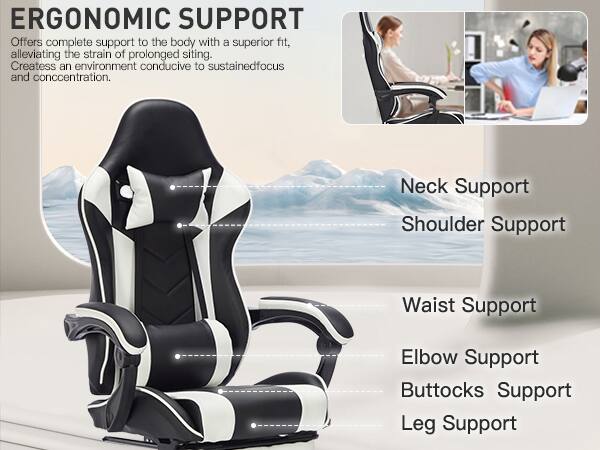 ERGONOMIC SUPPORT

Offers complete support to the body with a superior fit, alleviating the strain of prolonged sitting. Creates an environment conducive to sustained focus and concentration.

- Neck Support
- Shoulder Support
- Waist Support
- Elbow Support
- Buttocks Support
- Leg Support