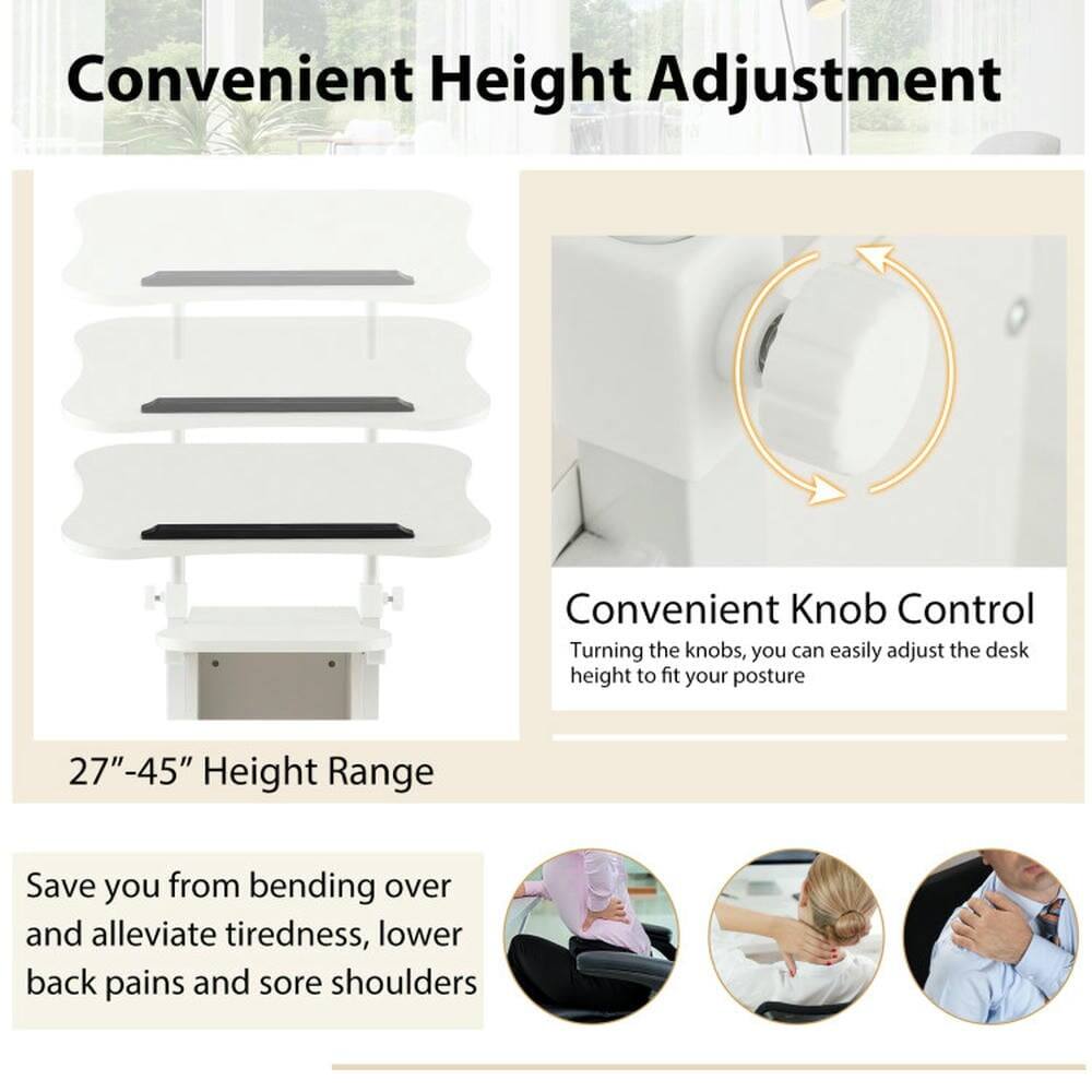 Convenient Height Adjustment

Convenient Knob Control  
Turning the knobs, you can easily adjust the desk height to fit your posture

27"–45" Height Range

Save you from bending over and alleviate tiredness, lower back pains and sore shoulders