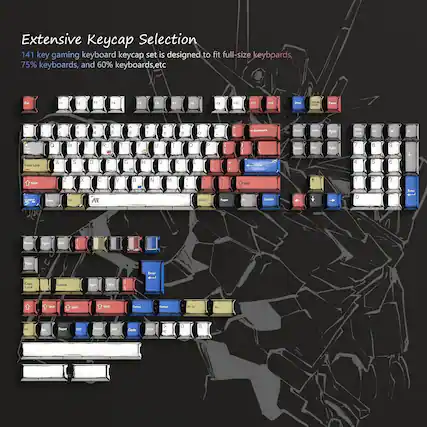 Extensive Keycap Selection
141 key gaming keyboard keycap set is designed to fit full-size keyboards, 75% keyboards, and 60% keyboards, etc.
