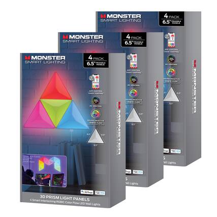 MONSTER SMART LIGHTING
4 PACK
6.5" TRIANGLE PANELS
APP CONTROL
VOICE CONTROL
PC CONTROL
SOUND REACTIVE
RGBIC FLOW
multiple colors at once
Connect to 12 panels
(3 x 4 panels)
in intricate shapes
3D PRISM LIGHT PANELS
4 Smart Interlocking RGBIC Color Flow LED Wall Lights
Works with:
- Google Assistant
- Alexa
- IFTTT
All Lights