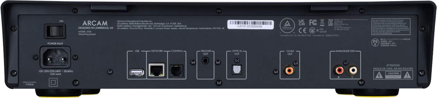 ON HOAMMON INTERNATIONAL INDUSTRIES INC. ARCAM US ADDRESS: 26000 SANTA SUSANA BOULEVARD, NORTHRIDGE, CA 91329 USA
EMEA ADDRESS: DONNINGADE HG 1343 AP Amstelve, Hethertands, HP3 FD, UK
MODEL: sn2s Streaming player HJ0101-E00000006
UK FC: 0o CE Cartan PCC D 2A218-S71935
Contois K 20106311933
POWER INLET: PS E usa
NETWORK CONTROL: TRIGGER OUT OPTICAL OUT COAX OUT ANALOGUE OUT
100-20V/220-240V SO/OHI 15W MAX
E I ATTENTION RISQUE DE CHOC NE PAS ENLEVER
CAUTION!