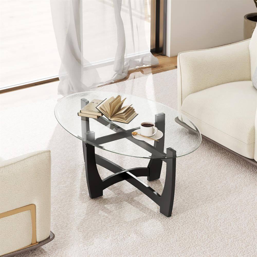 Alt View 5. Kadyn - Center Coffee Table, Living Room Table,Oval Coffee Table with Tempered Glass Tabletop and Rubber Wood Legs-Black - Black.