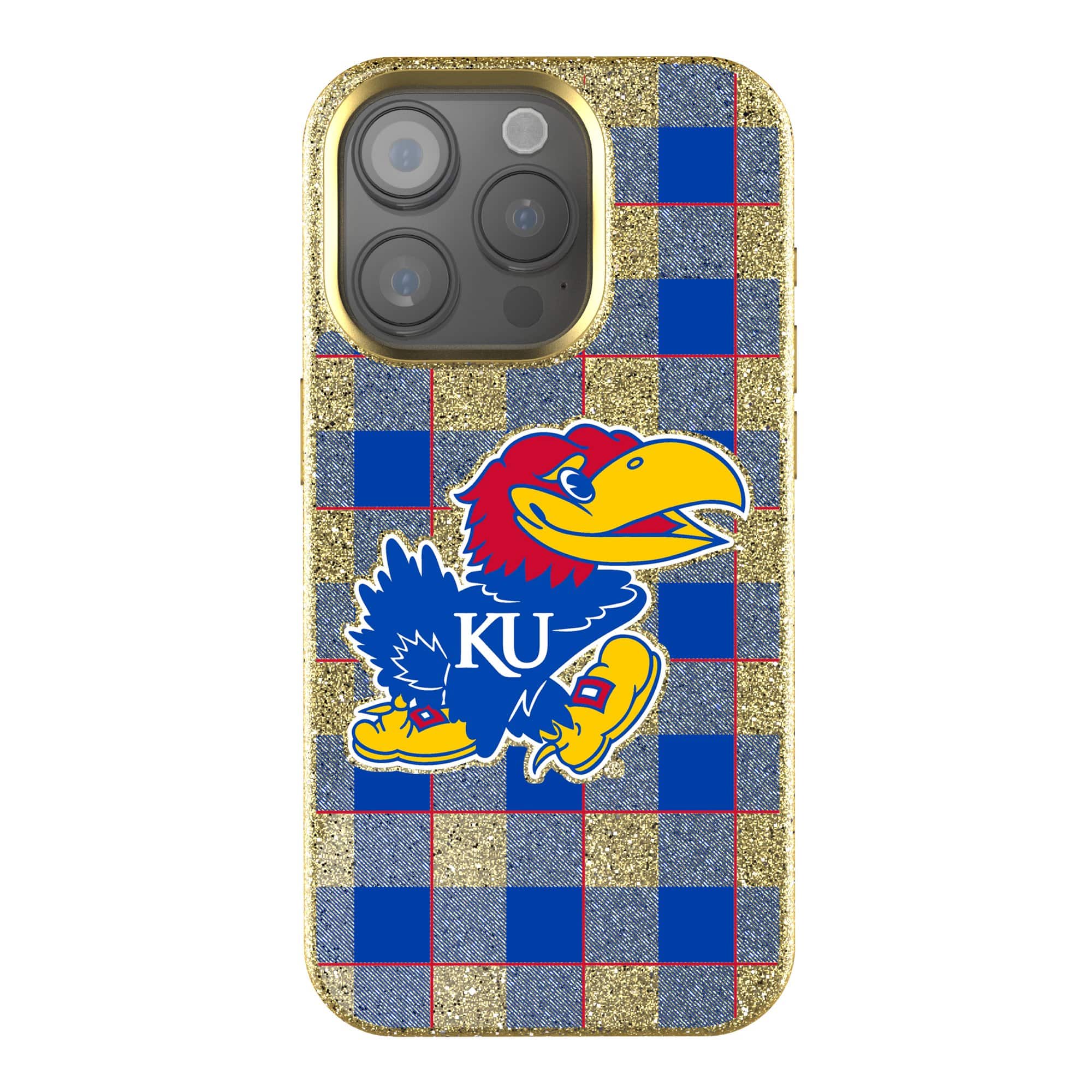 Keyscaper - NCAA - Kansas Jayhawks Plaid Bling iPhone Case - 14 Pro - Gold