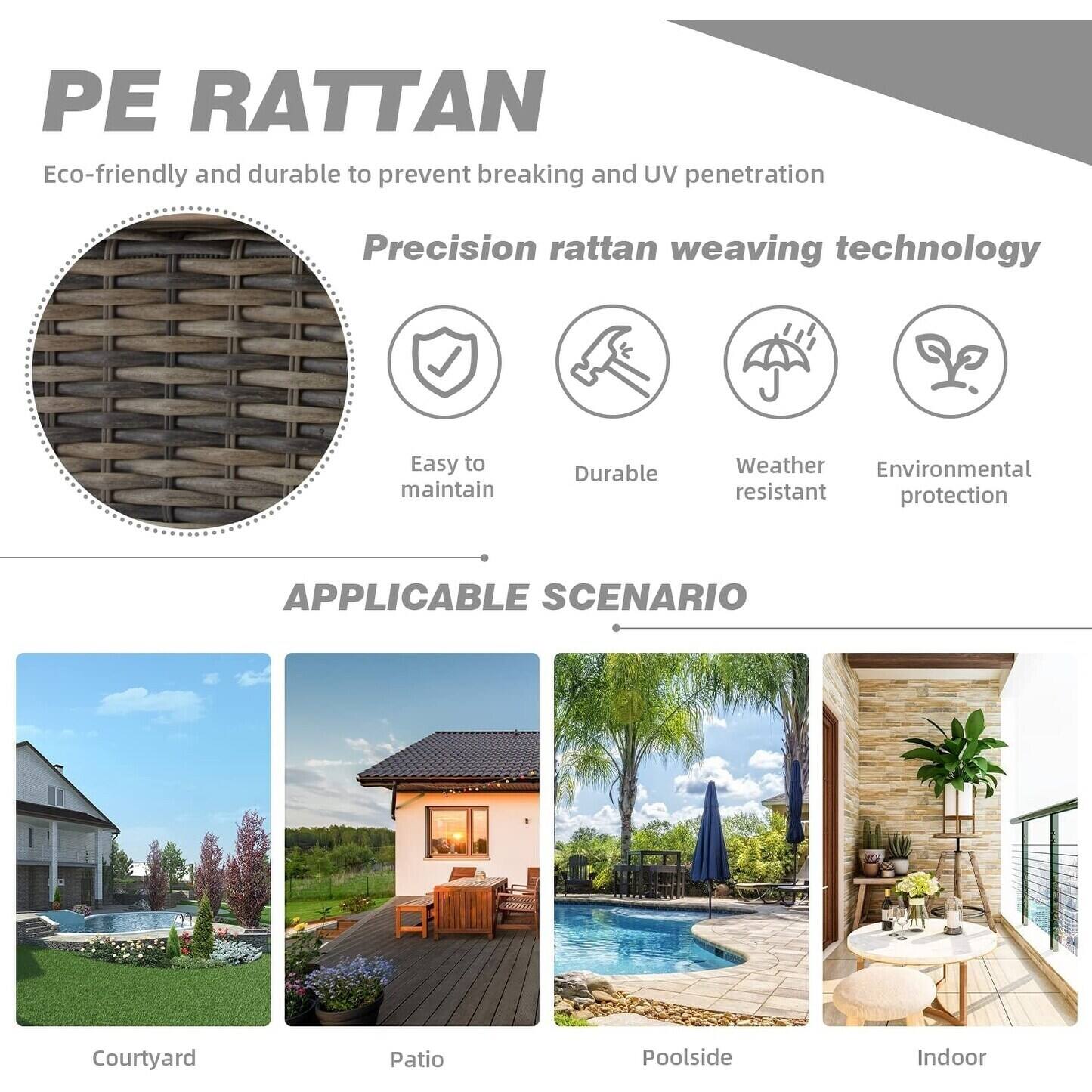 PE RATTAN

Eco-friendly and durable to prevent breaking and UV penetration

Precision rattan weaving technology

- Easy to maintain
- Durable
- Weather resistant
- Environmental protection

APPLICABLE SCENARIO

- Courtyard
- Patio
- Poolside
- Indoor