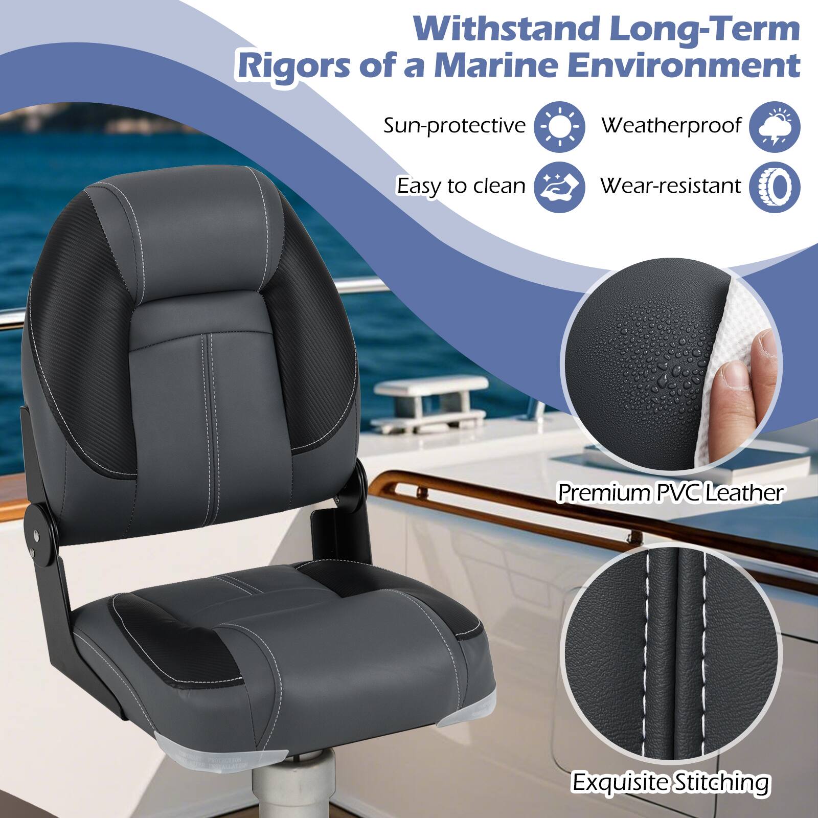 Withstand Long-Term Rigors of a Marine Environment

- Sun-protective
- Weatherproof
- Easy to clean
- Wear-resistant

Premium PVC Leather

Exquisite Stitching
